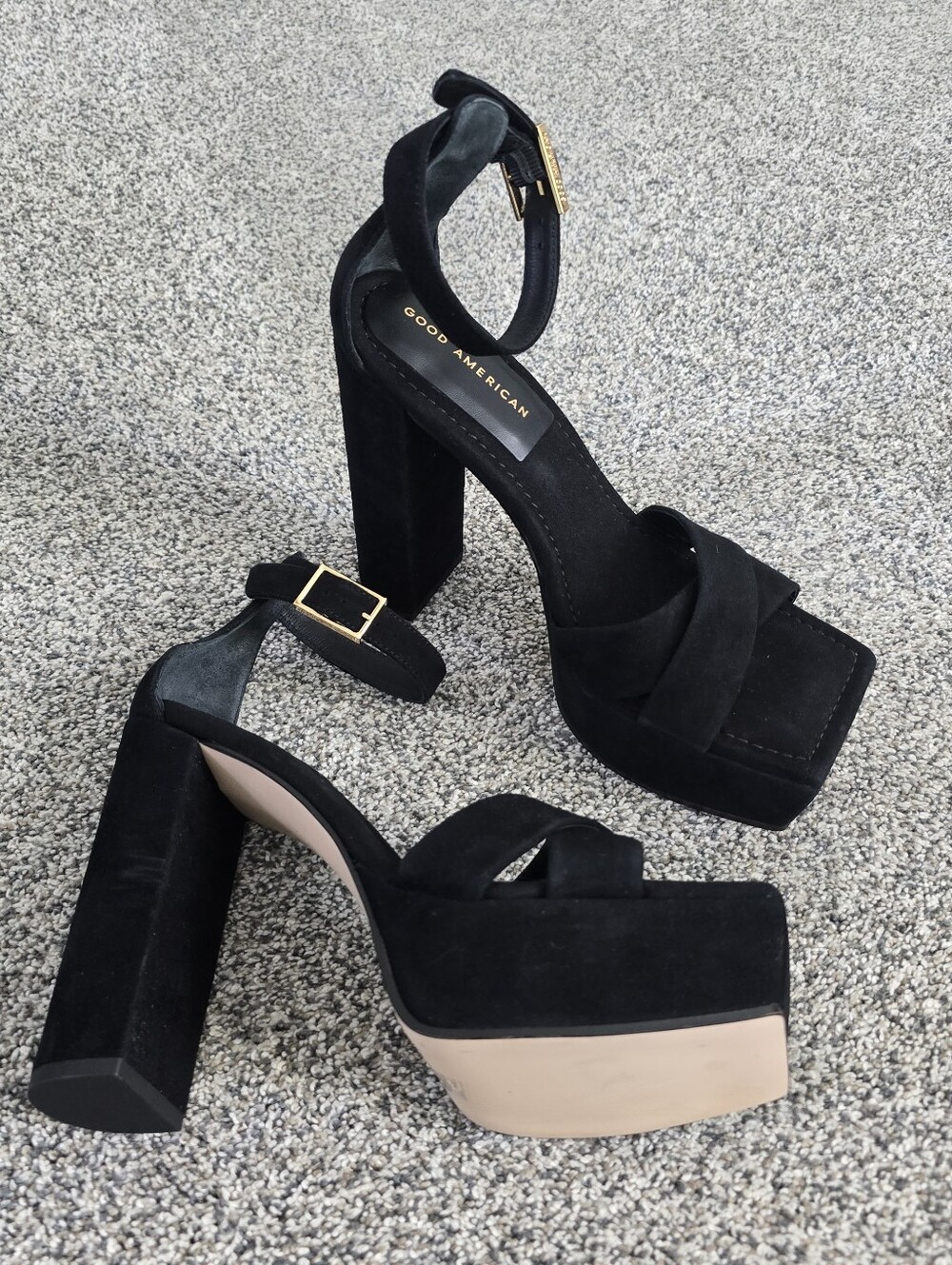 Good American Black Suede Square Toe Platform Ankle Strap Heels
